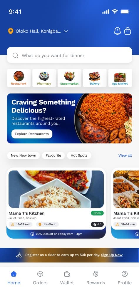 ValGo home screen showing service categories and Mama T's Kitchen