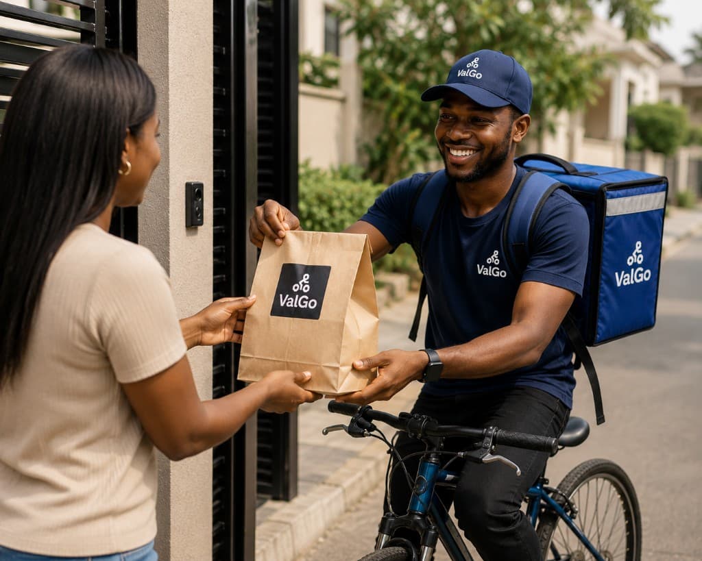 ValGo rider handing delivery bag to customer at their door